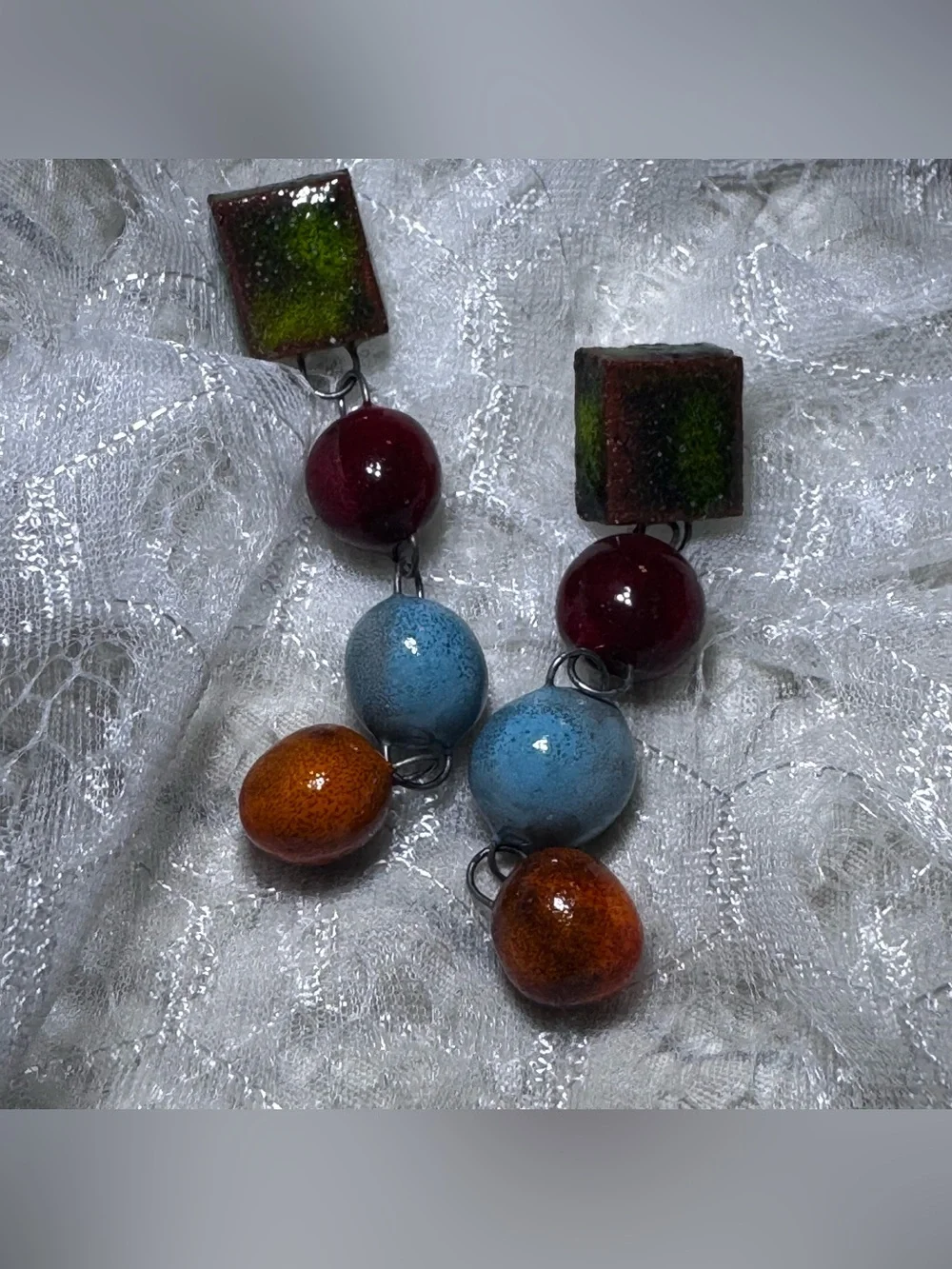 Vintage Artisan Enamel Bead Dangle Earrings Colorful Modernist Boho Pierced